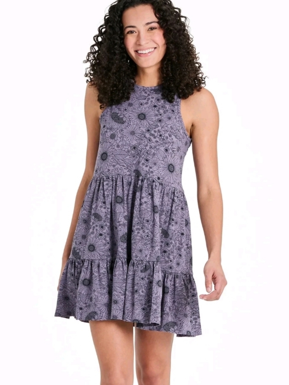Life Is Good Tiered Sleeveless Tank Dress XL Dusk Purple Daisy Floral NEW